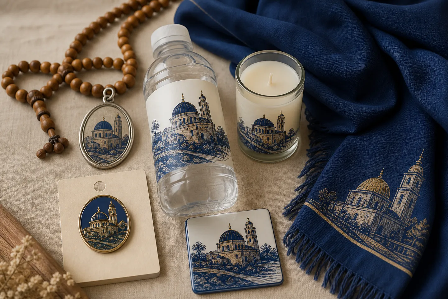Visualisation: a rosary, a medal, a holy water bottle, a candle and a scarf made for one shrine